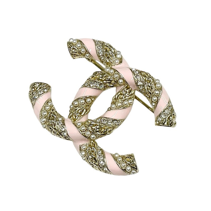 Chanel CHANEL Brooch Corsage Gold Pink Coco Mark Rhinestone Pearl