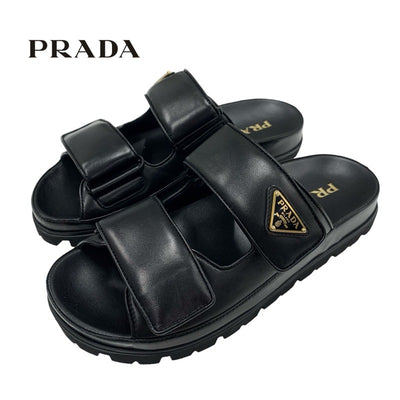 PRADA Sandals, Shoes, Leather, Black, Unused, Sliding Sandals, Triangle Logo