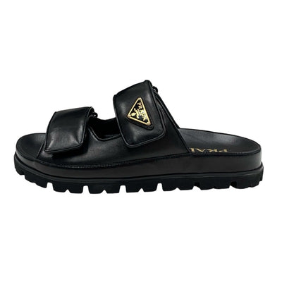 PRADA Sandals, Shoes, Leather, Black, Unused, Sliding Sandals, Triangle Logo