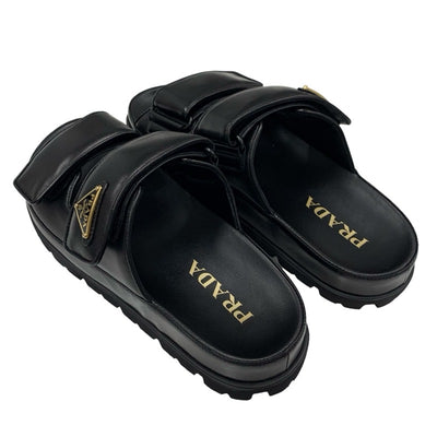 PRADA Sandals, Shoes, Leather, Black, Unused, Sliding Sandals, Triangle Logo