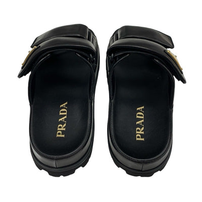 PRADA Sandals, Shoes, Leather, Black, Unused, Sliding Sandals, Triangle Logo