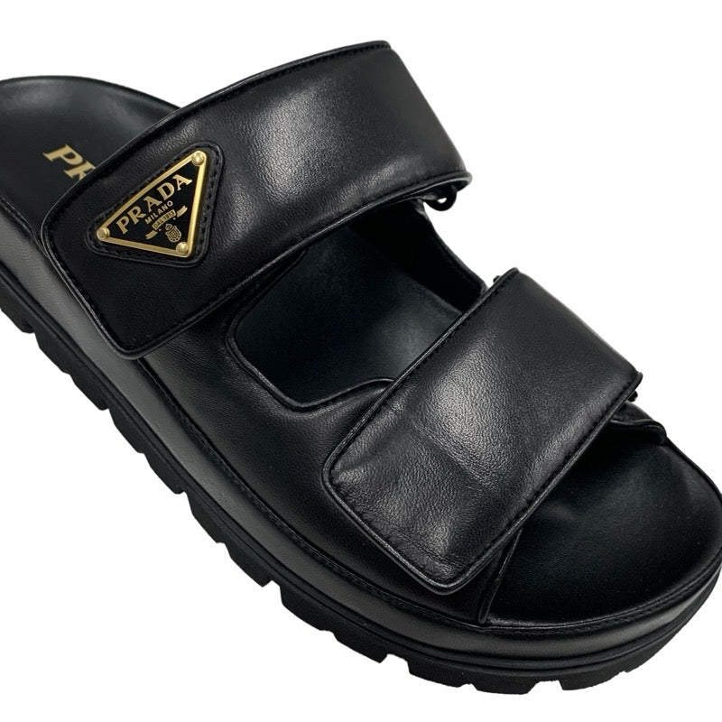 PRADA Sandals, Shoes, Leather, Black, Unused, Sliding Sandals, Triangle Logo
