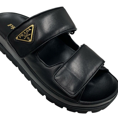 PRADA Sandals, Shoes, Leather, Black, Unused, Sliding Sandals, Triangle Logo