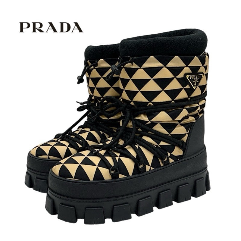 PRADA Boots, Short Boots, Shoes, Nylon, Black, Beige, Apre, Triangle Logo, Snow Boots, Boa, Unisex