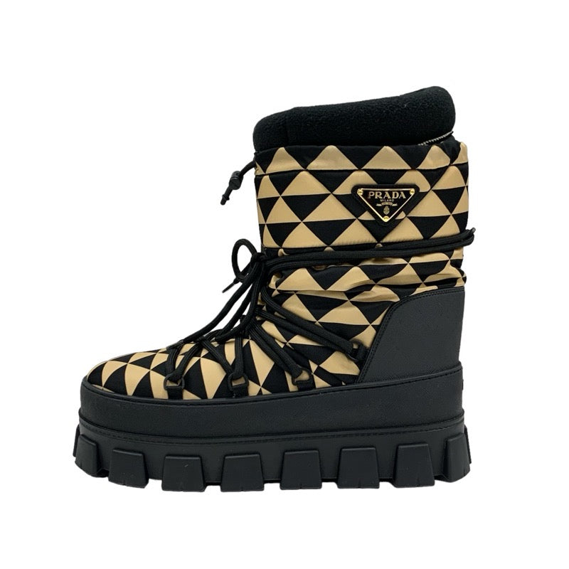 PRADA Boots, Short Boots, Shoes, Nylon, Black, Beige, Apre, Triangle Logo, Snow Boots, Boa, Unisex