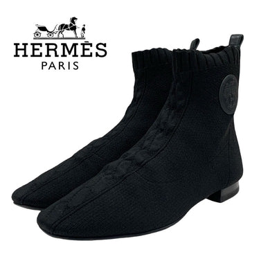 Hermes Duo Boots Short Boots Shoes Fabric Leather Black Socks Boots Ex Libris Knit