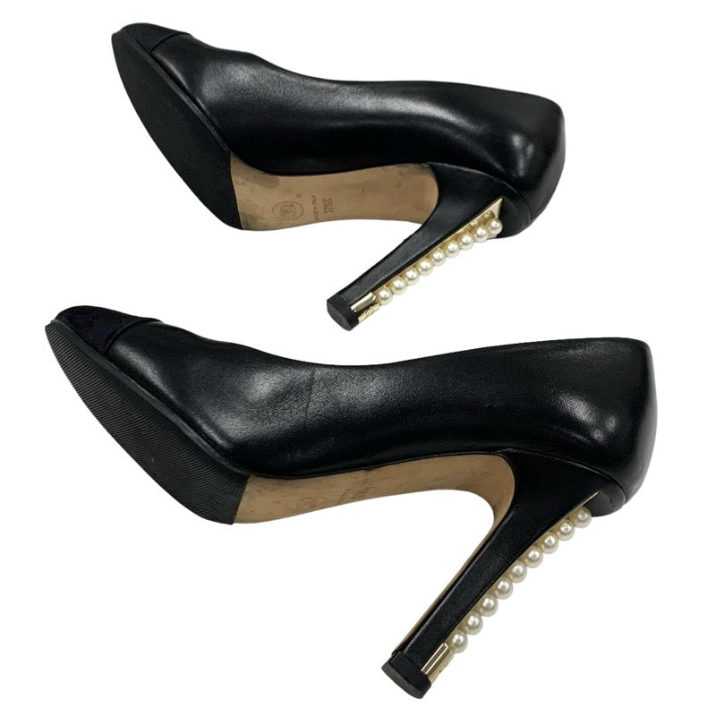 Chanel CHANEL Pumps, Shoes, Leather Fabric, Black, Gold, Pearl, Coco Mark