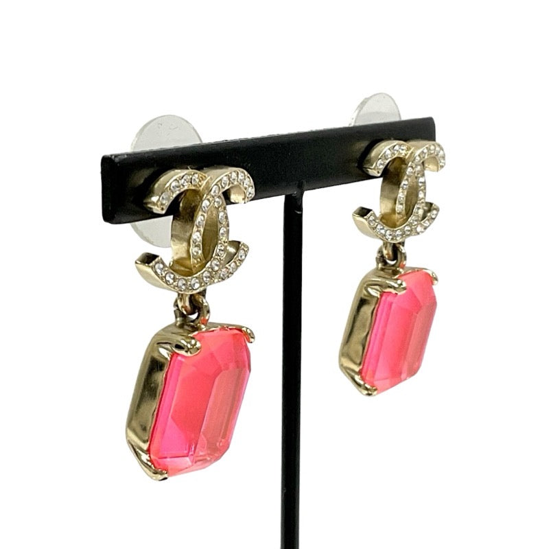 Chanel Earrings Gold Pink Coco Mark Rhinestone