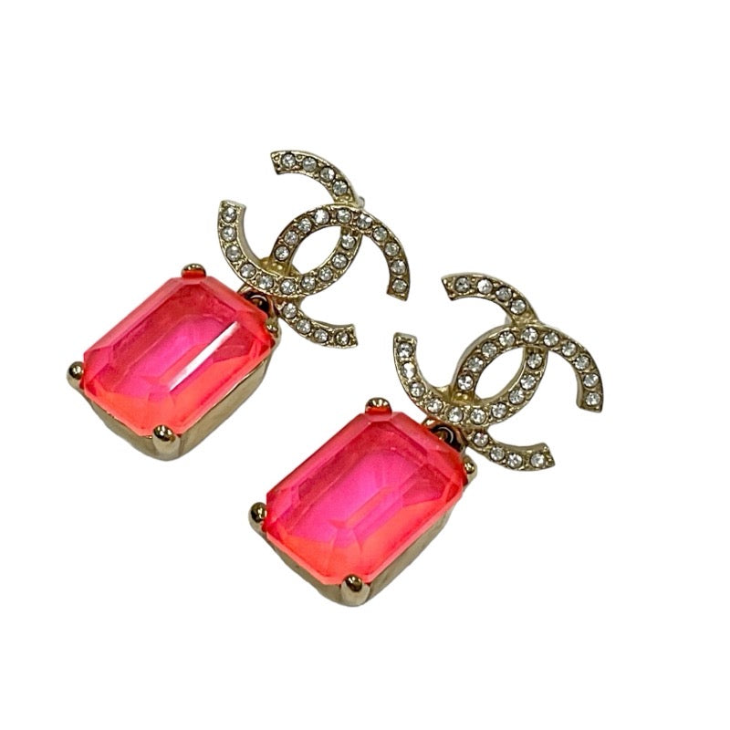 Chanel Earrings Gold Pink Coco Mark Rhinestone