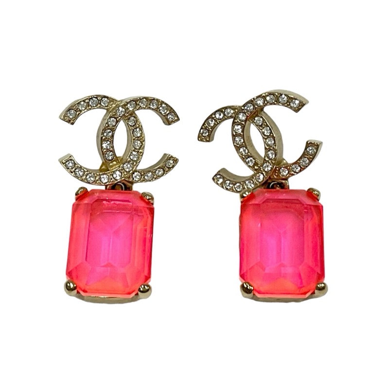 Chanel Earrings Gold Pink Coco Mark Rhinestone