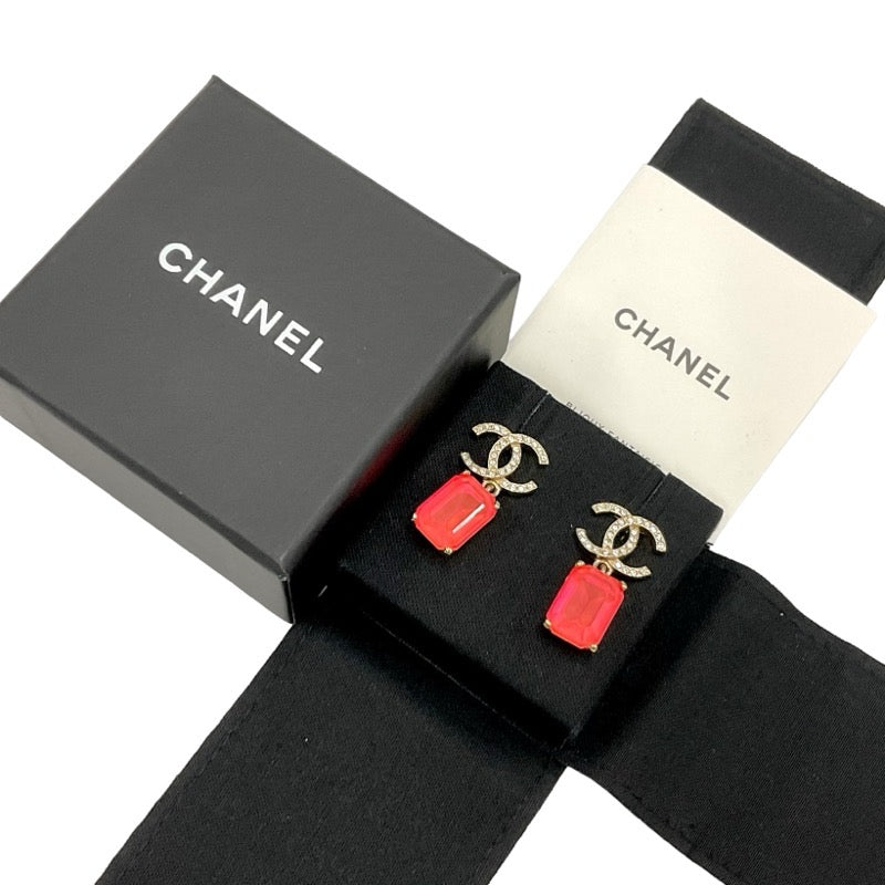 Chanel Earrings Gold Pink Coco Mark Rhinestone