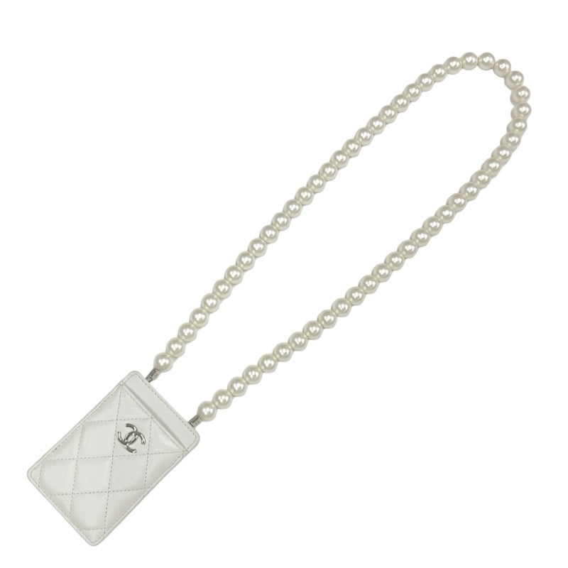 Chanel CHANEL card case card holder pass case white silver coco mark charm matelasse pearl chain