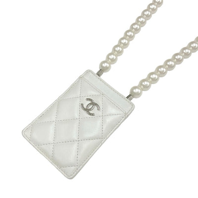 Chanel CHANEL card case card holder pass case white silver coco mark charm matelasse pearl chain