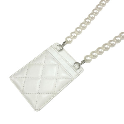 Chanel CHANEL card case card holder pass case white silver coco mark charm matelasse pearl chain