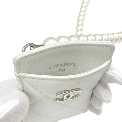 Chanel CHANEL card case card holder pass case white silver coco mark charm matelasse pearl chain