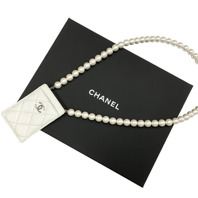 Chanel CHANEL card case card holder pass case white silver coco mark charm matelasse pearl chain