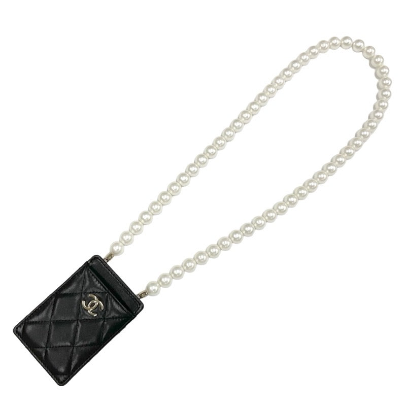 Chanel CHANEL card case card holder pass case black gold coco mark matelasse pearl chain