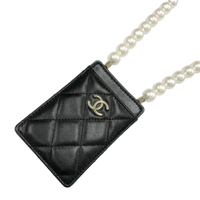 Chanel CHANEL card case card holder pass case black gold coco mark matelasse pearl chain