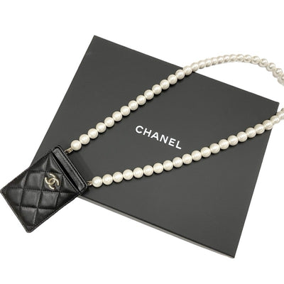 Chanel CHANEL card case card holder pass case black gold coco mark matelasse pearl chain