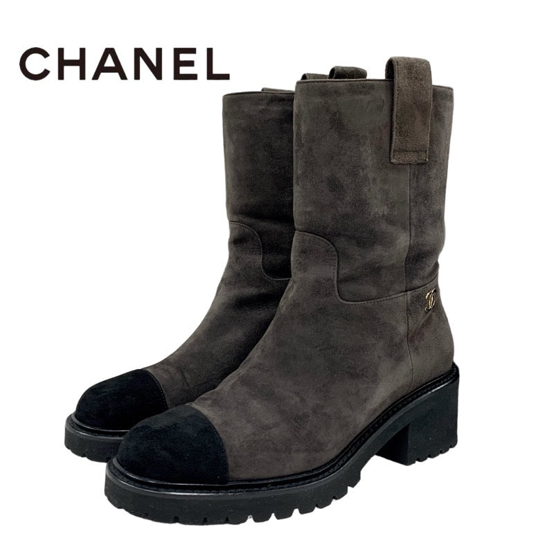 Chanel CHANEL boots, short boots, shoes, suede, brown, black, silver, coco mark, logo