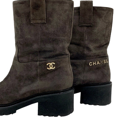 Chanel CHANEL boots, short boots, shoes, suede, brown, black, silver, coco mark, logo