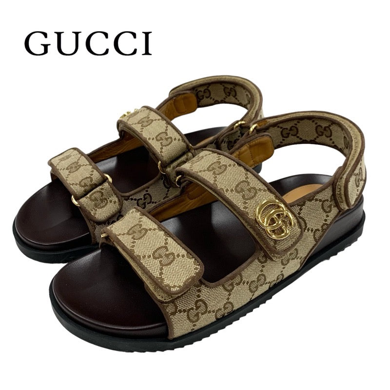 Gucci Sandals Shoes Canvas Beige Gold Sports Sandals Logo Velcro