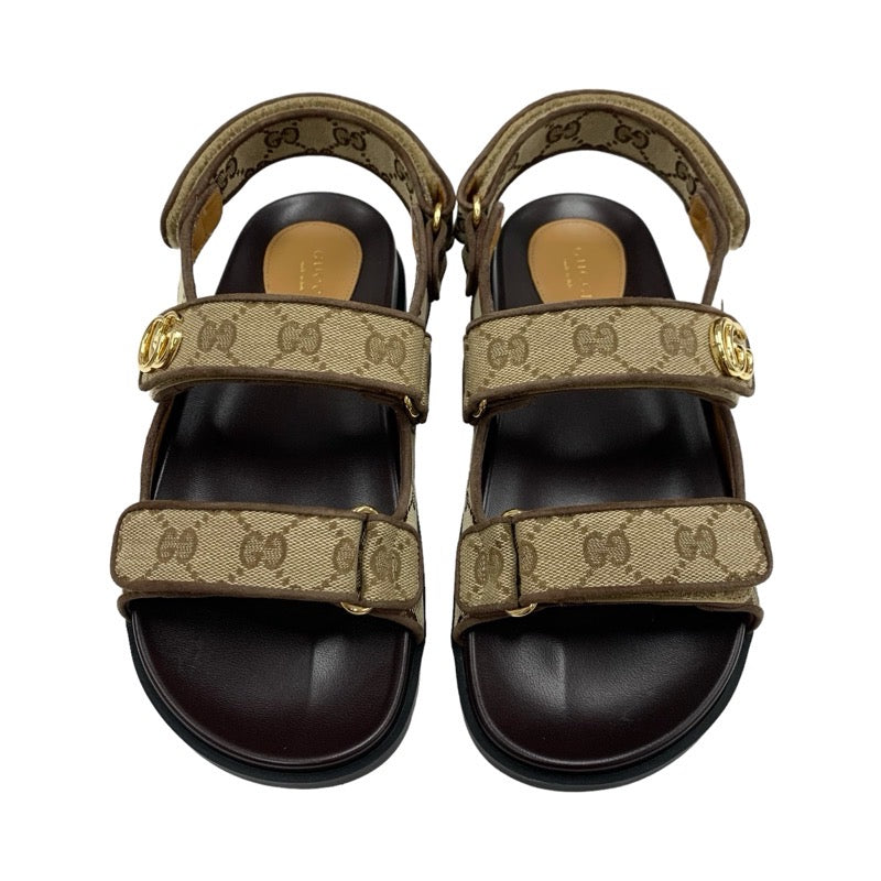 Gucci Sandals Shoes Canvas Beige Gold Sports Sandals Logo Velcro