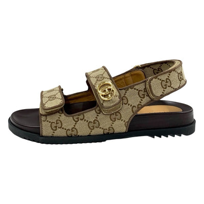 Gucci Sandals Shoes Canvas Beige Gold Sports Sandals Logo Velcro