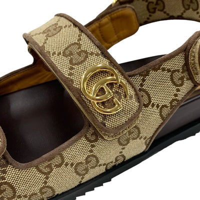 Gucci Sandals Shoes Canvas Beige Gold Sports Sandals Logo Velcro