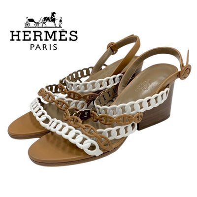 エルメス HERMES ロマンツァ サンダル 靴 シューズ レザー ブラウン ホワイト シェーヌダンクル