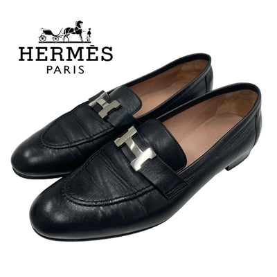 エルメス HERMES パリ ローファー 革靴 靴 シューズ レザー ブラック 黒 シルバー モカシン フラットシューズ H金具
