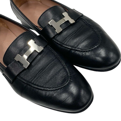 エルメス HERMES パリ ローファー 革靴 靴 シューズ レザー ブラック 黒 シルバー モカシン フラットシューズ H金具
