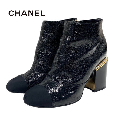 Chanel CHANEL boots, short boots, shoes, patent fabric, black, black, gold, coco mark, pearl