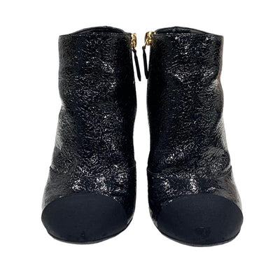 Chanel CHANEL boots, short boots, shoes, patent fabric, black, black, gold, coco mark, pearl