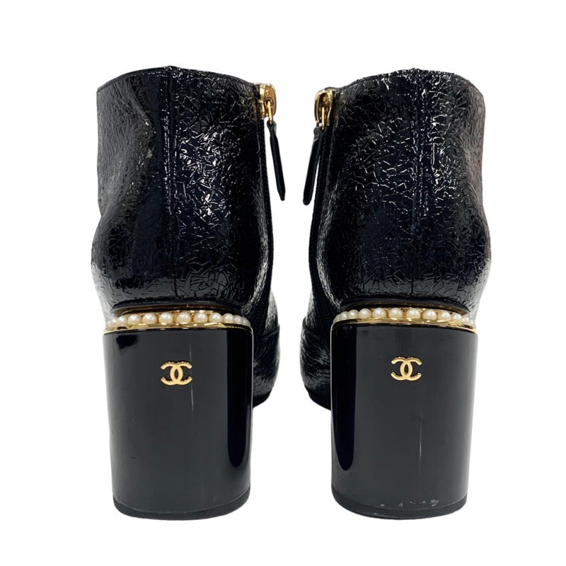 シャネル CHANEL ブーツ ショートブーツ 靴 シューズ パテント ファブリック ブラック 黒 ゴールド ココマーク パール