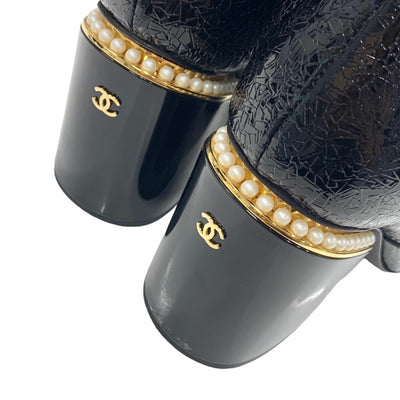シャネル CHANEL ブーツ ショートブーツ 靴 シューズ パテント ファブリック ブラック 黒 ゴールド ココマーク パール