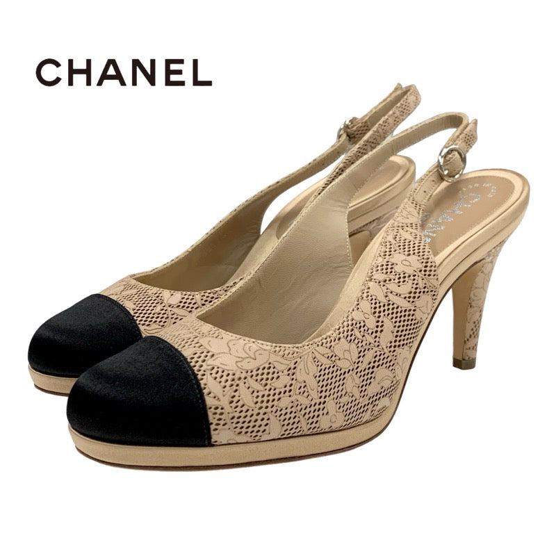 Chanel CHANEL Pumps Shoes Leather Satin Beige Black Coco Mark Flower Slingback