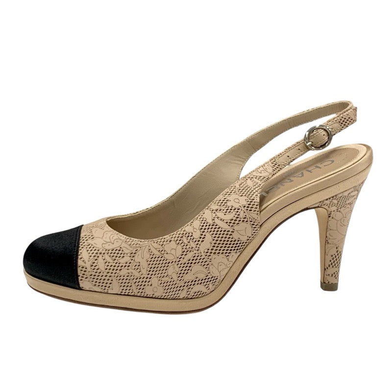 Chanel CHANEL Pumps Shoes Leather Satin Beige Black Coco Mark Flower Slingback