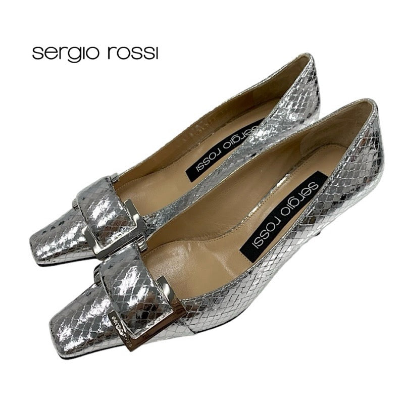 Sergio Rossi SR TWENTY Pumps Shoes Leather Silver Python Buckle