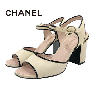 Chanel Sandals, Shoes, Suede, Ivory, Black, Gold, Coco Mark, Chain Strap