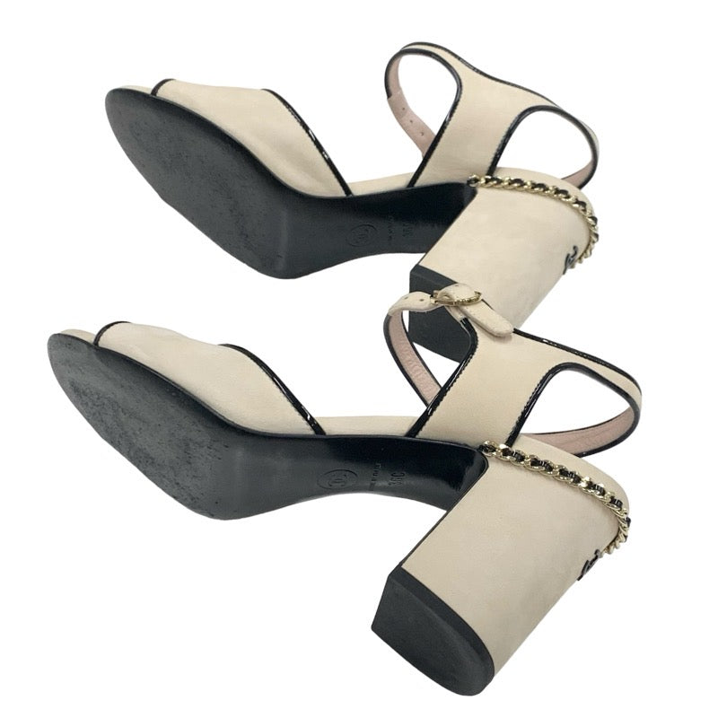 Chanel Sandals, Shoes, Suede, Ivory, Black, Gold, Coco Mark, Chain Strap