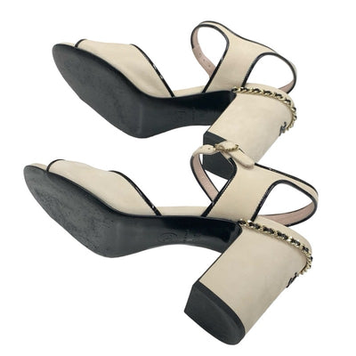 Chanel Sandals, Shoes, Suede, Ivory, Black, Gold, Coco Mark, Chain Strap