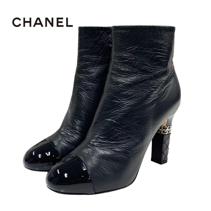 Chanel CHANEL boots, short boots, shoes, leather patent, black, silver, coco mark, chain