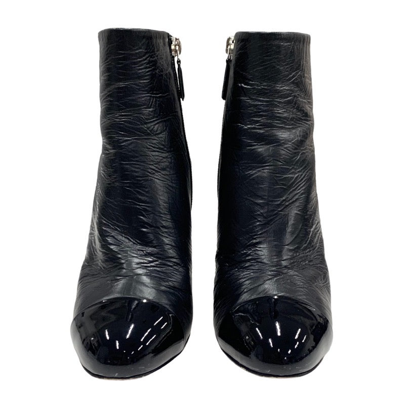 Chanel CHANEL boots, short boots, shoes, leather patent, black, silver, coco mark, chain