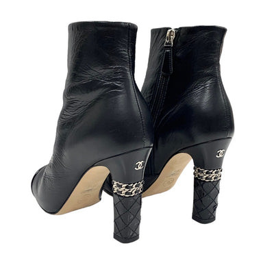 Chanel CHANEL boots, short boots, shoes, leather patent, black, silver, coco mark, chain