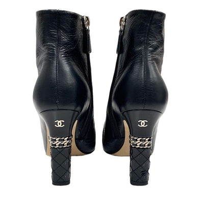 Chanel CHANEL boots, short boots, shoes, leather patent, black, silver, coco mark, chain