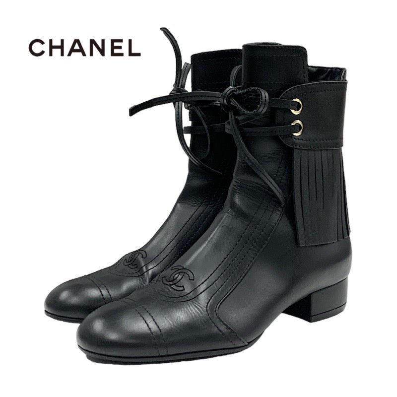 Chanel CHANEL boots, short boots, shoes, leather, black, coco mark, fringe