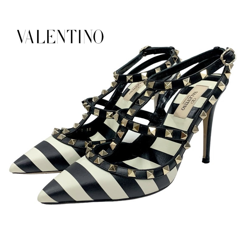 ヴァレンティノ VALENTINO パンプス 靴 シューズ レザー ブラック ホワイト ゴールド ロックスタッズ ボーダー バイカラー