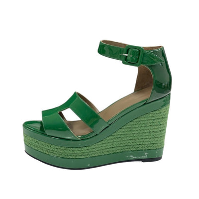 Hermes Irana Sandals Shoes Patent Green Wedge Sole Espadrilles