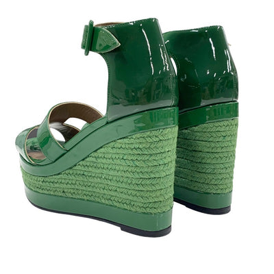 Hermes Irana Sandals Shoes Patent Green Wedge Sole Espadrilles